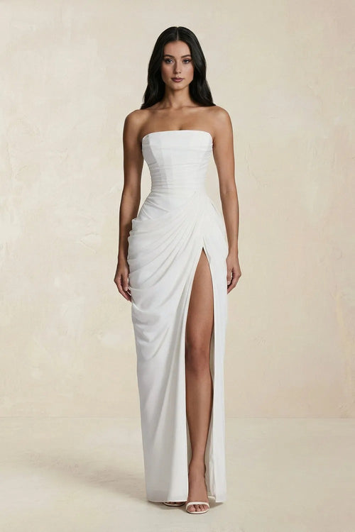 Strapless Pleated Sheath Long Prom Dress With Slit in Ivory