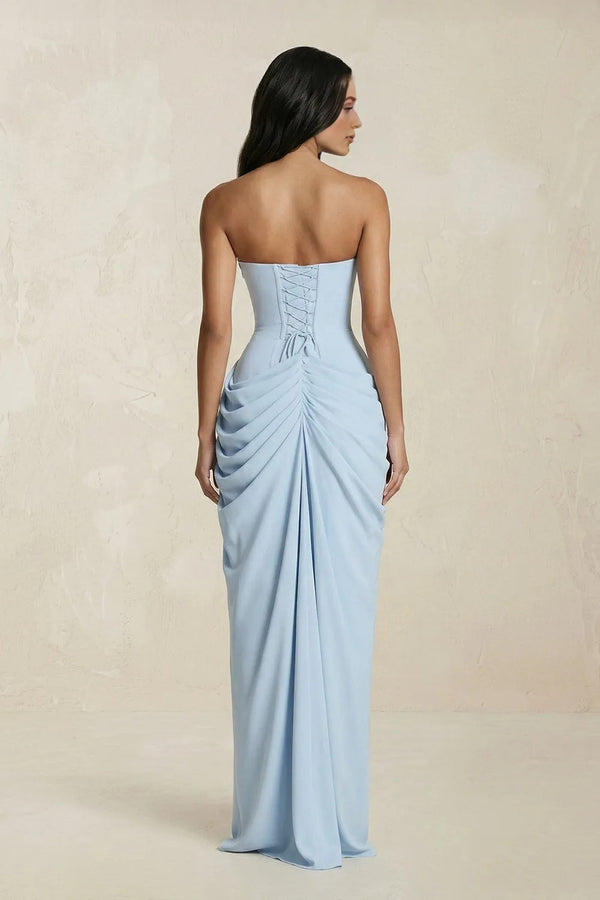 Strapless Pleated Sheath Long Prom Dress With Slit in Sky Blue
