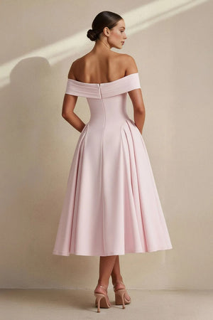 Off The Shoulder Pleated Midi Dress in Pink