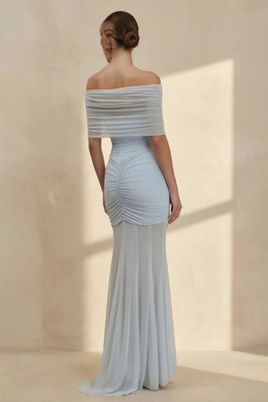 Off The Shoulder Pleated Midi Dress in Sky Blue
